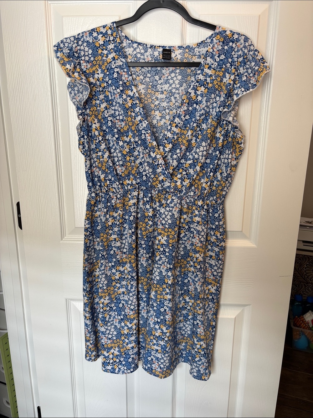 SHEIN Blue and Yellow Floral Wrap Midi Dress